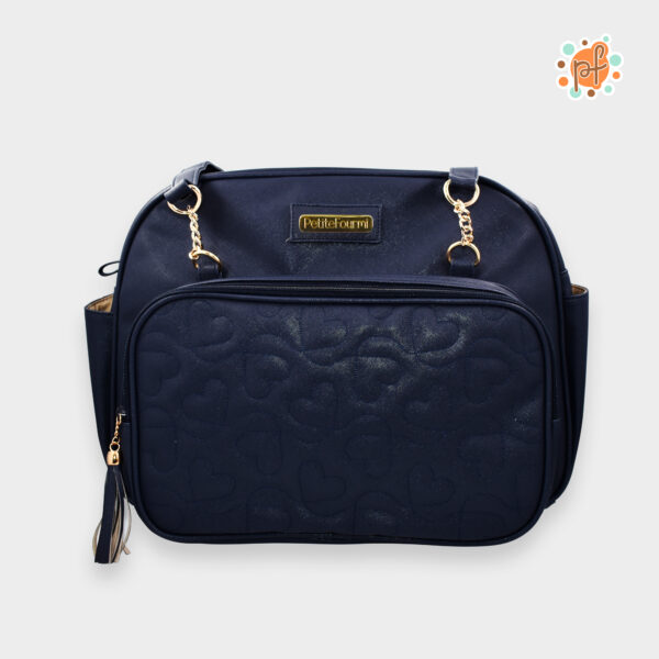 Bolso Pañalera c/ Portabiberón Cadenita Corazones Azul - Image 2