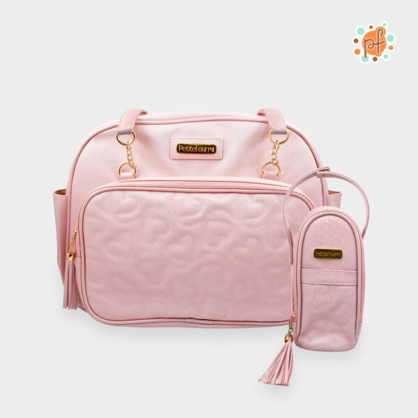 Bolso Pañalera c/ Portabiberón Cadenita Corazones Rosado